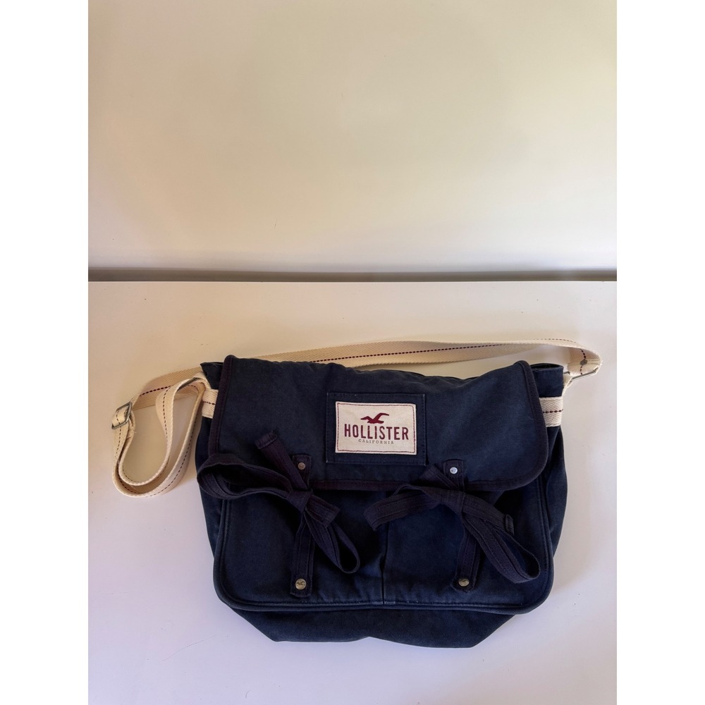Hollister California Navy Blue Canvas Messenger Bag Crossbody Y2K Logo Bows